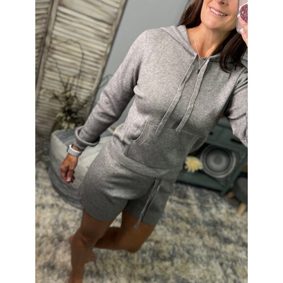 Knit Sweater Dressy Lounge Hoodie Kangaroo Drawstring Top & Bottom Set Gray 2922 - Picture 5 of 7
